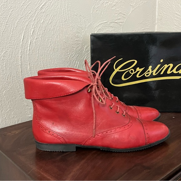 Vintage 80s 90s Red Leather Lace Up Granny Ankle Boots Booties Flat Womens 9 W - Picture 1 of 8